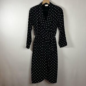 Vintage Avon Fashions Dress Women Size 7/8 Black Polka Dot Print Wrap Front Midi